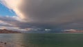 Panorama of the brilliant colors of the Dead Sea and the clouds on a Winter`s day. Royalty Free Stock Photo