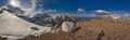 Panorama with the Bucegi Mountains plateau where you can see Omu Peak, Morarului Valley, Morarului Ridge and Costila Refuge and Te Royalty Free Stock Photo