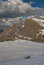 Panorama with the Bucegi Mountains plateau where you can see Costila Refuge and Te Royalty Free Stock Photo