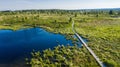 Panorama bug moor landscape as a panorama at the Hohes Venn with lake, trees and a trail Royalty Free Stock Photo