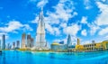 Panorama of Burj Khalifa Lake`s  highlights, Dubai, UAE Royalty Free Stock Photo