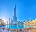 Panorama of Burj Lake with Burj Khalifa tower on background, on March 3 in Dubai, UAE