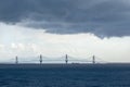 Panorama of The cable bridge between Rio and Antirrio from Nafpaktos, Patra, Greece Royalty Free Stock Photo