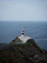Panorama of Cabo Ortegal lighthouse on steep rocky cliff atlantic ocean bay of biscay Carino Cape Galicia Spain