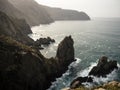 Panorama from Cabo Ortegal lighthouse of steep rocky cliff atlantic ocean bay of biscay Carino Cape Galicia Spain