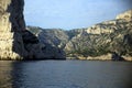 Panorama of the Calanques coast with rocky walls in the warm light of sunset, Parc National des Calanques, Marseille, France Royalty Free Stock Photo