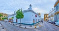 Panorama of Calle Canas with Old Fish Market corner, El Puerto, Spain