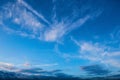 Panorama of Calm evening sky with clouds. Sky background after sunset. Sunrise sky with lighted clouds. Beauty evening sunrise Royalty Free Stock Photo