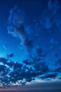 Panorama of Calm evening sky with clouds. Sky background after sunset. Sunrise sky with lighted clouds. Beauty evening sunrise Royalty Free Stock Photo