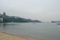 Hong Kong Panorama of megacities skyscrapers surrounded by the sea bay.