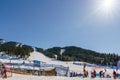 PANORAMA, CANADA - MARCH 21, 2019: Mountain Resort view early spring people skiing Royalty Free Stock Photo