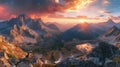 Majestic Mountain Range at Sunset Panorama. Resplendent. Royalty Free Stock Photo