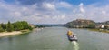 Panorama of a cargo ship on the river Rhine near Koblenz Royalty Free Stock Photo