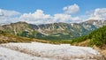 Panorama of Carpathian mountains in the summer with green hills and snow. Mountains landscape background