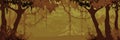 Panorama of cartoon deciduous forest with creepers