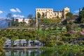 Panorama of Castle and botanical gardens of Trauttmansdorff in a Alps landscape of Meran. Merano, Province Bolzano, South Tyrol,