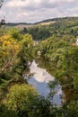 Panorama of the castle ruins Rudelsburg and Saaleck in the landscape and tourist area Saale valley on the river Saale near the