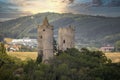 Panorama of the castle ruins Rudelsburg and Saaleck in the landscape and tourist area Saale valley on the river Saale near the