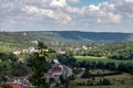 Panorama of the castle ruins Rudelsburg and Saaleck in the landscape and tourist area Saale valley on the river Saale near the