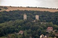 Panorama of the castle ruins Rudelsburg and Saaleck in the landscape and tourist area Saale valley on the river Saale near the