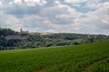 Panorama of the castle ruins Rudelsburg and Saaleck in the landscape and tourist area Saale valley on the river Saale near the