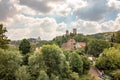 Panorama of the castle ruins Rudelsburg and Saaleck in the landscape and tourist area Saale valley on the river Saale near the