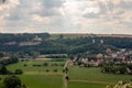 Panorama of the castle ruins Rudelsburg and Saaleck in the landscape and tourist area Saale valley on the river Saale near the