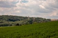 Panorama of the castle ruins Rudelsburg and Saaleck in the landscape and tourist area Saale valley on the river Saale near the