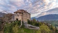 Panorama of Castle Schenna Scena near Meran during sunset. Schenna, Province Bolzano, South Tyrol, Italy