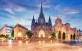 Panorama of Cathedral of the Holy Cross and Saint Eulalia in the Morning, Barri Gothic Quarter, Barcelona, Catalonia Royalty Free Stock Photo