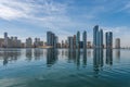 Panorama of the center of the Emirate of Sharjah, United Arab Emirates . Corniche area of Sharjah, UAE city Royalty Free Stock Photo