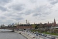 Panorama of center of Moscow: view on Kremlin, Moscow City skyscrapers, Moscow river and embankment. Royalty Free Stock Photo