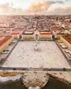 Panorama central commerce square palace, Lisbon, Portugal at sunset, old european city, drone view, vertical air