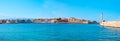 Panorama of Chania marina with Firkas Fortress and Venetian lighthouse, Crete, Greece