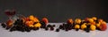 Panorama with cherries, peaches, apricots and a glass of wine on a dark background