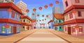 Panorama chinese street with old houses, chinese arch, lanterns and a garland. Vector illustration of city street in cartoon style