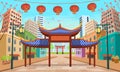 Panorama chinese street with old houses, chinese arch, lanterns and a garland. Vector illustration of city street in cartoon style