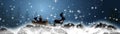 Panorama christmas - santa claus with sleid and reindeers in the snowy mountains