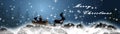 Panorama christmas - santa claus with sleid and reindeers in the snowy mountains