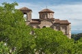 Panorama of Church of the Holy Mother of God in Asen`s Fortress and Rhodopes mountain, Asenovgrad, Bulgaria Royalty Free Stock Photo