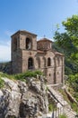 Panorama of Church of the Holy Mother of God in Asen`s Fortress and Rhodopes mountain, Asenovgrad, Bulgaria Royalty Free Stock Photo