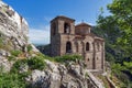 Panorama of Church of the Holy Mother of God in Asen`s Fortress and Rhodopes mountain, Asenovgrad, Bulgaria Royalty Free Stock Photo