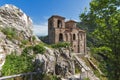 Panorama of Church of the Holy Mother of God in Asen`s Fortress and Rhodopes mountain, Asenovgrad, Bulgaria Royalty Free Stock Photo