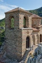 Panorama of Church of the Holy Mother of God in Asen`s Fortress and Rhodopes mountain, Asenovgrad, Bulgaria Royalty Free Stock Photo