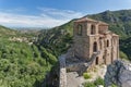 Panorama of Church of the Holy Mother of God in Asen`s Fortress and Rhodopes mountain, Asenovgrad, Bulgaria Royalty Free Stock Photo