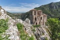 Panorama of Church of the Holy Mother of God in Asen`s Fortress and Rhodopes mountain, Asenovgrad, Bulgaria Royalty Free Stock Photo