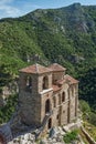 Panorama of Church of the Holy Mother of God in Asen`s Fortress and Rhodopes mountain, Asenovgrad, Bulgaria Royalty Free Stock Photo