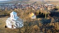 Panorama, church and village painted by drone Royalty Free Stock Photo