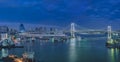 Panorama of the circular highway leading to the Rainbow Bridge with Cargo and cruise ships moored or sailing in Odaiba Bay of