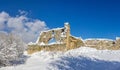 Panorama citadel of he ancient cave city of Mangup-Kale in the snow